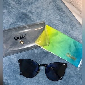 Blue lenses black metal QUAY glasses, case, and cleaner